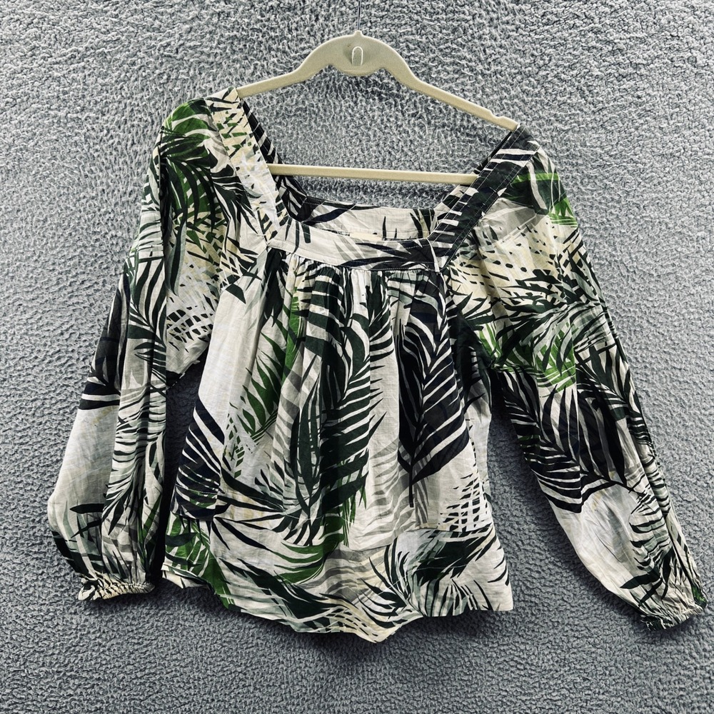 Elie Tahari Womens Top Medium Green Palm Leaf Tropical Boho Resort Vacation